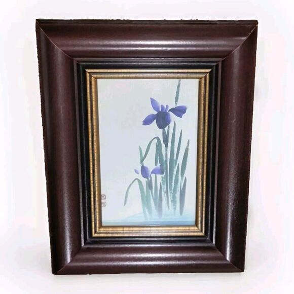 Irises Late Meiji Era Framed Postcard Hand painted On Silk Adhered To Cardstock - Picture 1 of 15